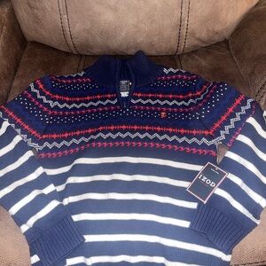IZOD Boys Striped Navy and Red Zip-Up Sweater